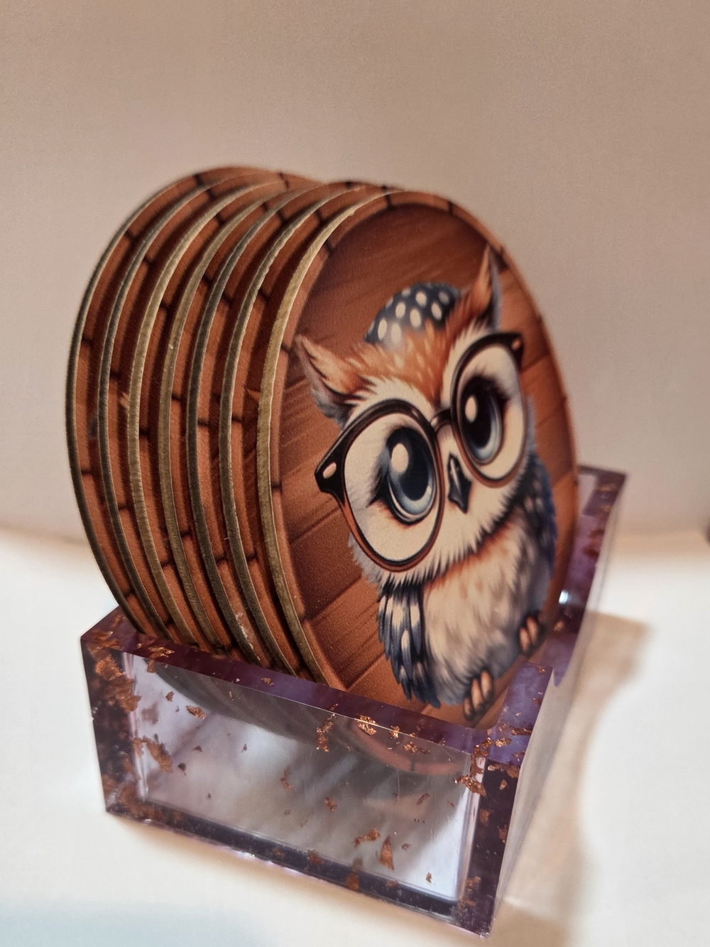 Cute Owl Coaster Set with - Handmade Bronze Flake Resin Holder.
